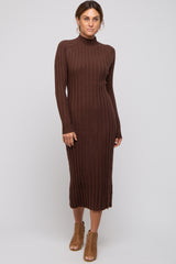 Brown Ribbed Turtle Neck Midi Dress