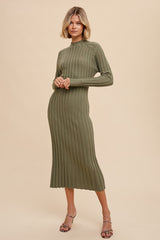 Olive Ribbed Turtle Neck Maternity Midi Dress