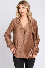 Mocha Wavy Pleated Button Up Blouse