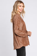 Mocha Wavy Pleated Button Up Blouse