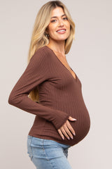 Brown Ribbed Lace V-Neck Maternity Top