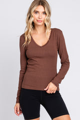 Brown Ribbed Lace V-Neck Top