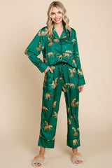 Forest Green Satin Animal Print Pajama Set