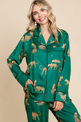 Forest Green Satin Animal Print Pajama Set