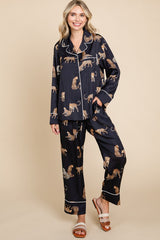 Black Satin Animal Print Pajama Set