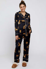 Black Satin Animal Print Maternity Pajama Set