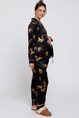 Black Satin Animal Print Maternity Pajama Set