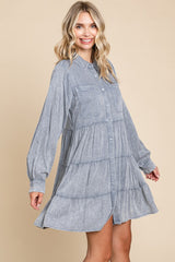 Blue Button Down Tiered Long Sleeve Dress