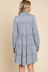 Blue Button Down Tiered Long Sleeve Dress