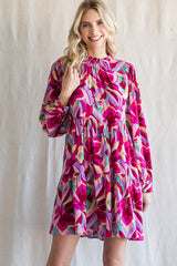 Magenta Floral Ruffle Mock Neck Dress