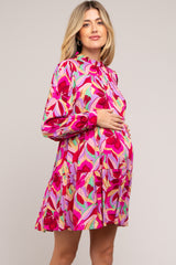 Magenta Floral Ruffle Mock Neck Maternity Dress