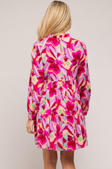 Magenta Floral Ruffle Mock Neck Maternity Dress