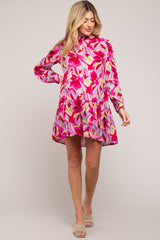 Magenta Floral Ruffle Mock Neck Maternity Dress