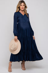 Navy Blue Satin Tiered Maternity Midi Dress