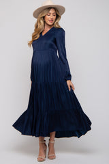 Navy Blue Satin Tiered Maternity Midi Dress