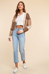 Beige Patchwork Color Block Cable Cardigan