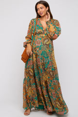 Emerald Floral Deep V-Neck Long Sleeve Maternity Maxi Dress