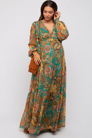 Emerald Floral Deep V-Neck Long Sleeve Maternity Maxi Dress