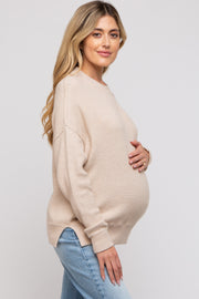 Beige Knit Side Slit Maternity Sweater