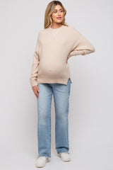 Beige Knit Side Slit Maternity Sweater