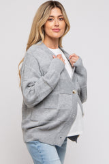 Grey Checkered Knit Button Front Maternity Cardigan