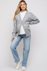 Grey Checkered Knit Button Front Maternity Cardigan