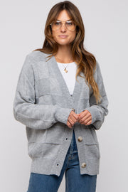 Grey Checkered Knit Button Front Cardigan