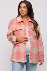 Mauve Plaid Fuzzy Button Up Maternity Jacket