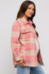 Mauve Plaid Fuzzy Button Up Maternity Jacket