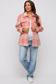 Mauve Plaid Fuzzy Button Up Maternity Jacket