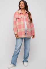 Mauve Plaid Fuzzy Button Up Maternity Jacket