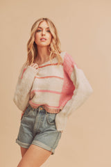 White Pink Knit Stripe Pullover Sweater