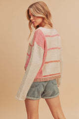 White Pink Knit Stripe Pullover Sweater