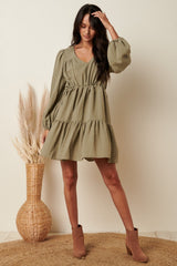 Sage V-Neck Tier Ruffle Side Tie Detail Mini Dress