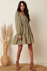 Sage V-Neck Tier Ruffle Side Tie Detail Mini Dress