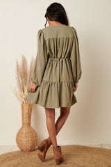 Sage V-Neck Tier Ruffle Side Tie Detail Mini Dress