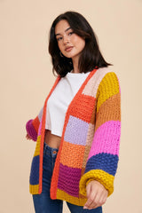 Multi-Color Checkered Thick Knit Cardigan