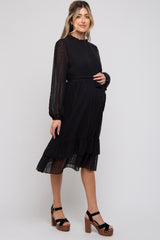 Black Swiss Dot Ruffle Accent Maternity Midi Dress