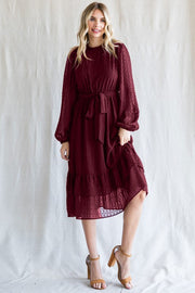 Burgundy Swiss Dot Ruffle Accent Midi Dress