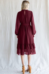 Burgundy Swiss Dot Ruffle Accent Midi Dress