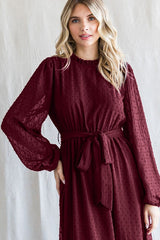 Burgundy Swiss Dot Ruffle Accent Midi Dress