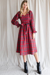 Red Plaid Smocked A-Line Maternity Midi Dress