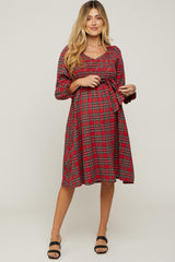 Red Plaid Smocked A-Line Maternity Midi Dress