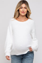 White Fuzzy Soft Knit Maternity Sweater