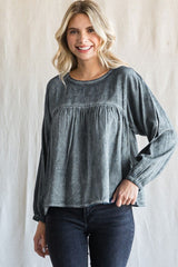 Charcoal Washed Raglan Bubble Sleeves Top