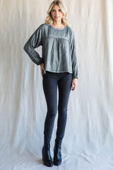 Charcoal Washed Raglan Bubble Sleeves Top