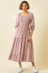 Dusty Rose Smocked Bodice Gingham Maxi Dress