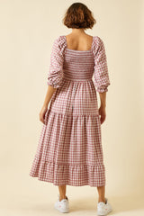 Dusty Rose Smocked Bodice Gingham Maxi Dress