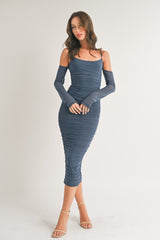 Navy Mesh Ruched Long Sleeve Midi Dress