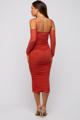 Rust Mesh Ruched Long Sleeve Maternity Midi Dress